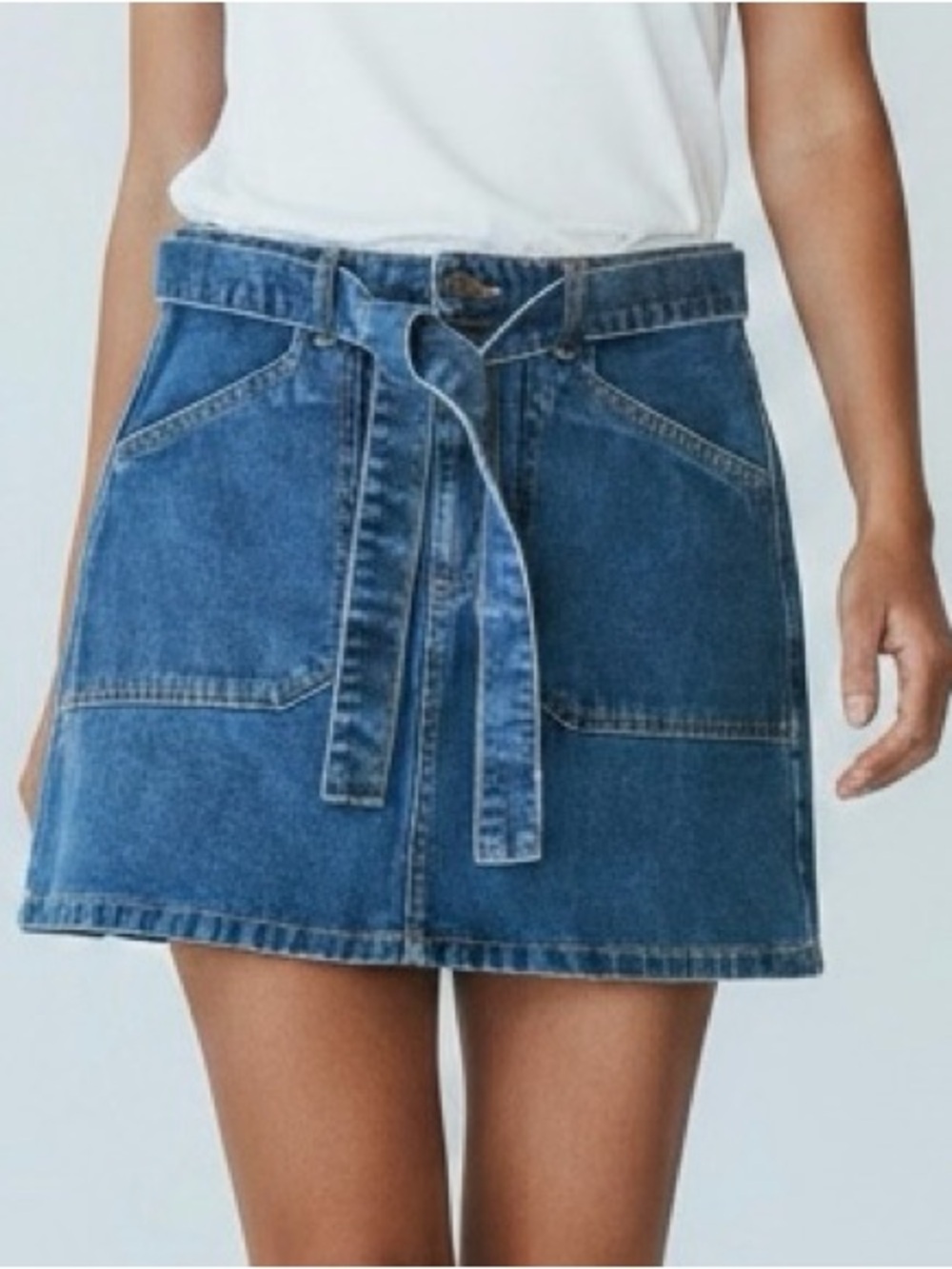 Forever 21 Denim mini skirt High-waisted self-tie belt patch pockets Blue M